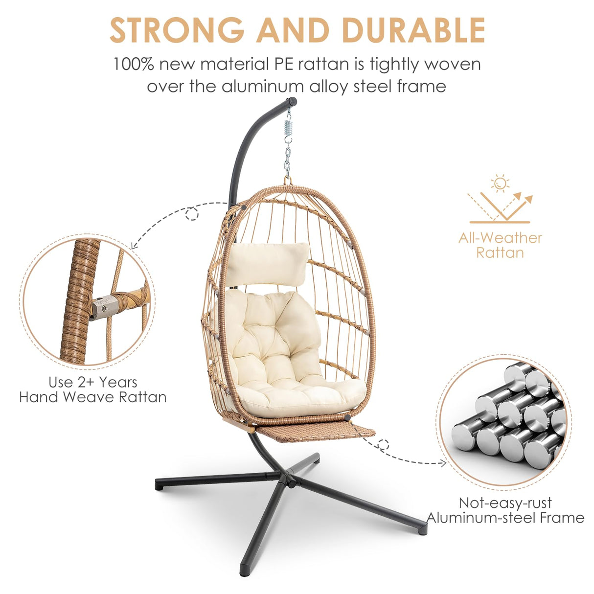 Brafab Hanging Egg Chair with Stand and Footrest, Wicker Egg Swing Chair Indoor Outdoor Aluminum-Steel Frame and UV Resistant Cushion, Patio Lounge Hammock Chairs for Bedroom 370LBS Capacity, Begie Brafab