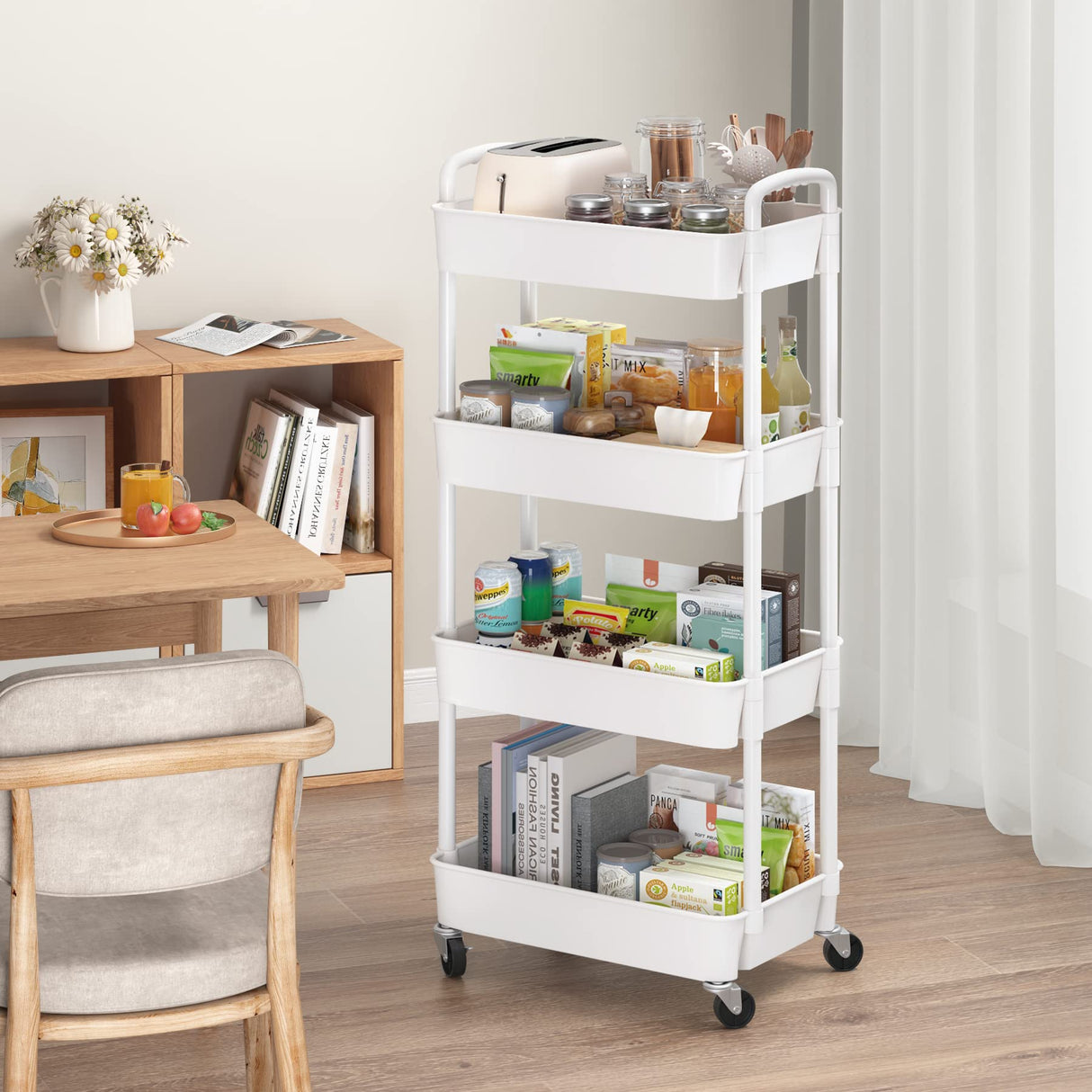 Sywhitta 4-Tier Plastic Rolling Utility Cart with Handle, Multi-Functional Storage Trolley for Office, Living Room, Kitchen, Movable Storage Organizer with Wheels, White Sywhitta