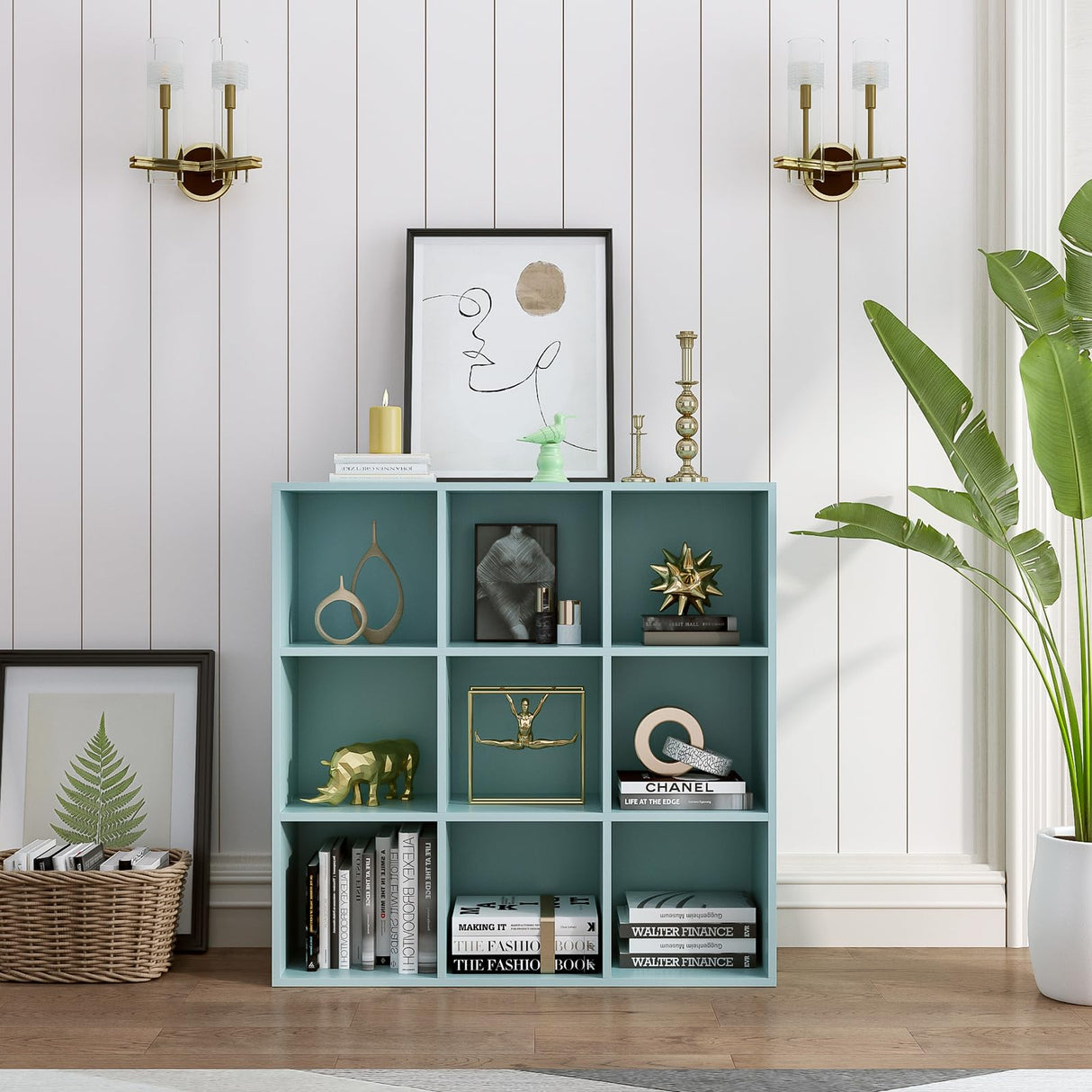 OSCHF 9-Cube Storage Shelf Bookcase - Wooden 3-Tier Floor Standing Open Bookshelf for Home and Office, Display Cabinet, Light Blue OSCHF