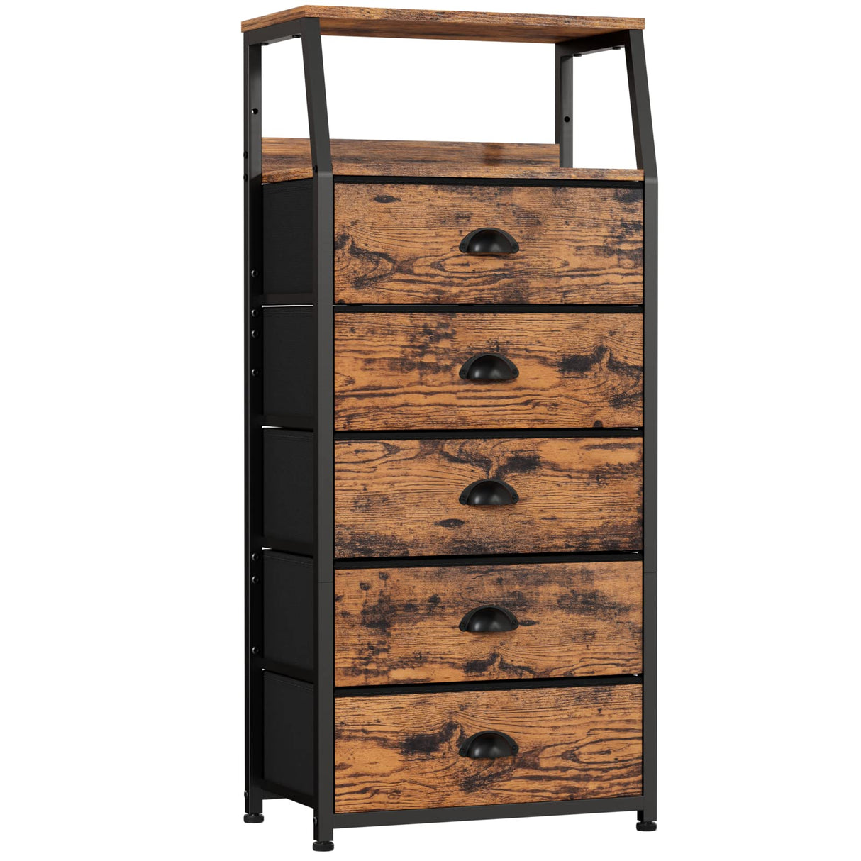 Furnulem Tall 5 Drawers Dresser, Vertical Storage Tower Fabric Dresser for Bedroom, Hallway, Entryway, Nursery, Closet Organizer, Nightstand Bedside Table Furniture, Sturdy Steel Frame, Wood Top Furnulem