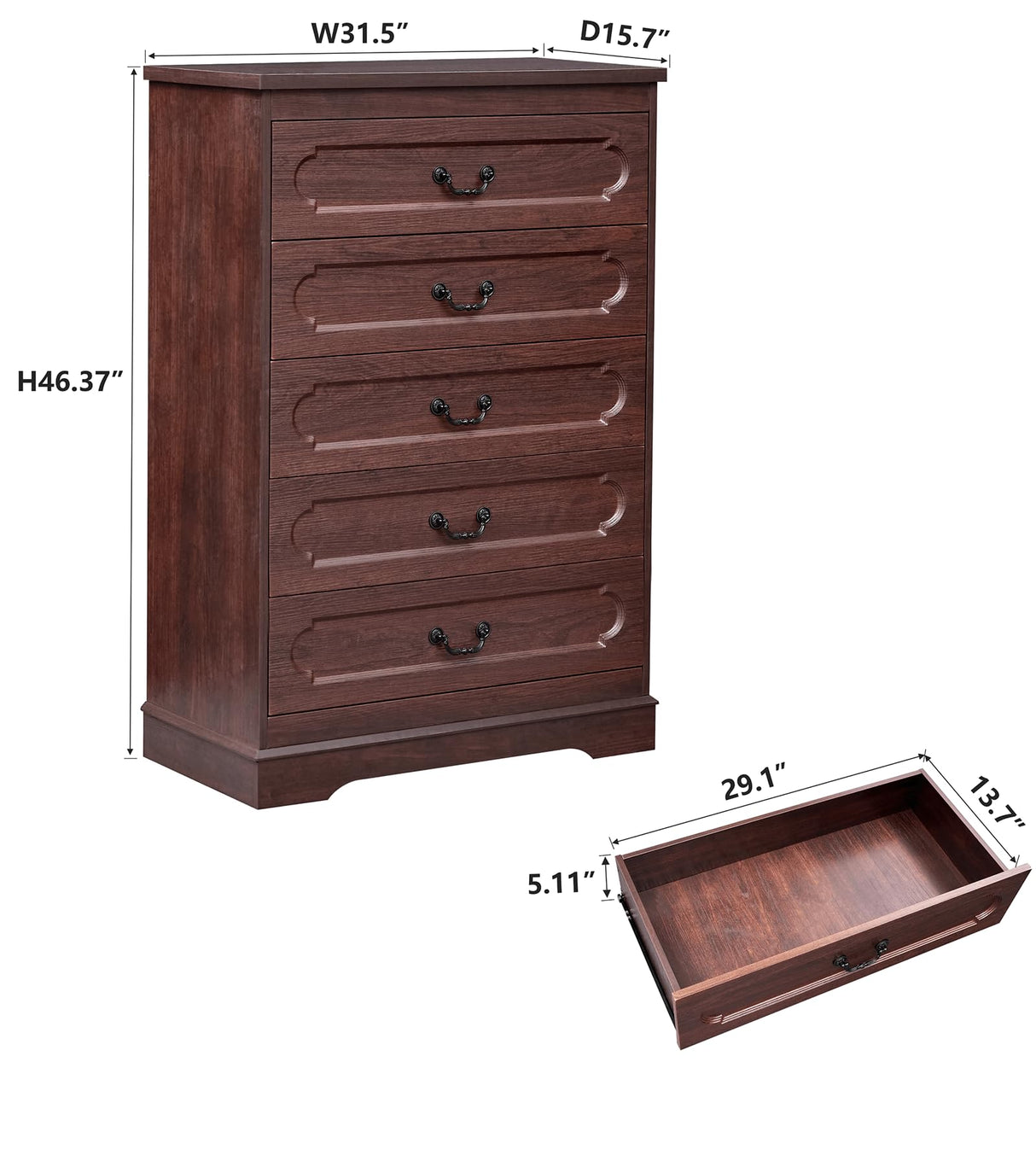 LIDYUK 5 Drawer Dresser for Bedroom Farmhouse Cherry Wood Chest of Drawers for Bedroom Dresser, Rustic 46" Tall Wide Drawers Dressers Wooden Closet Storage Cabinet, Hallway, Living Room LIDYUK