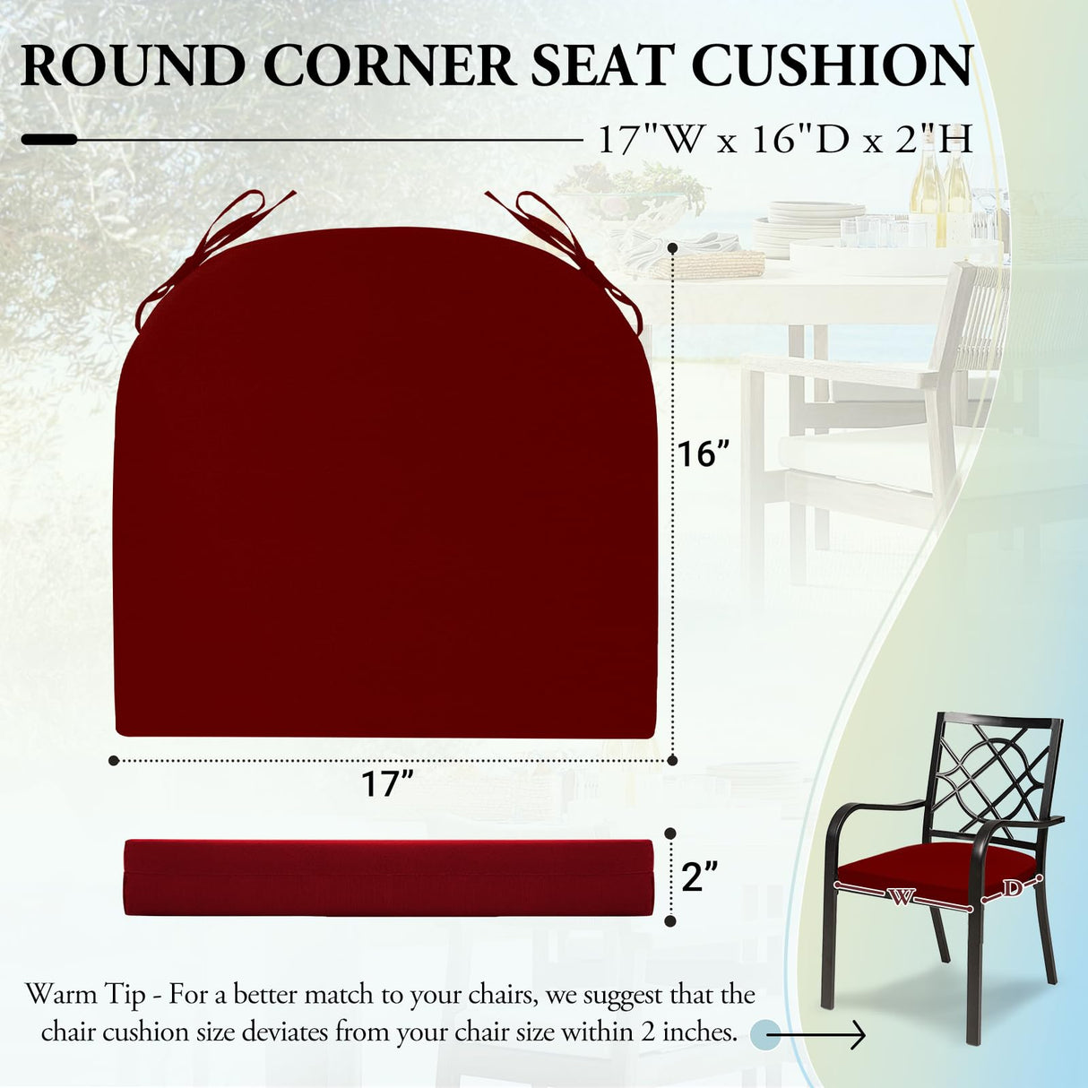 Wellsin Outdoor Chair Cushions for Patio Furniture - Patio Chair Cushions Set of 6 - Waterproof Round Corner Outdoor Seat Cushions 17"X16"X2", Burgundy Wellsin