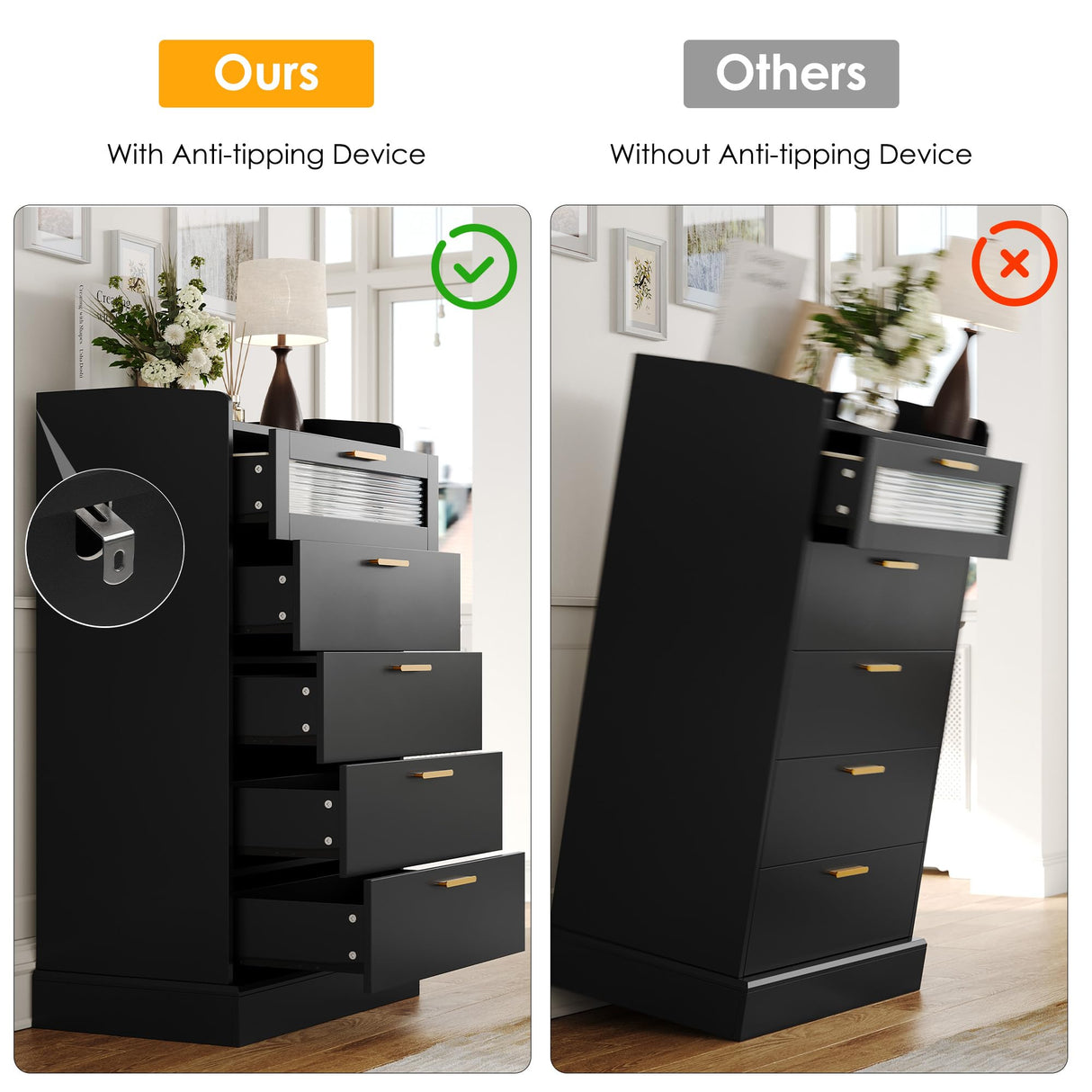 HOSTACK Modern 5 Drawer Dresser, Tall White Dresser Chest of Drawers with Gold Handles, Wood Dresser Storage Cabinet with Anti-Drop Fence & Fluted Glass for Living Room, Hallway, Entryway, Black HOSTACK