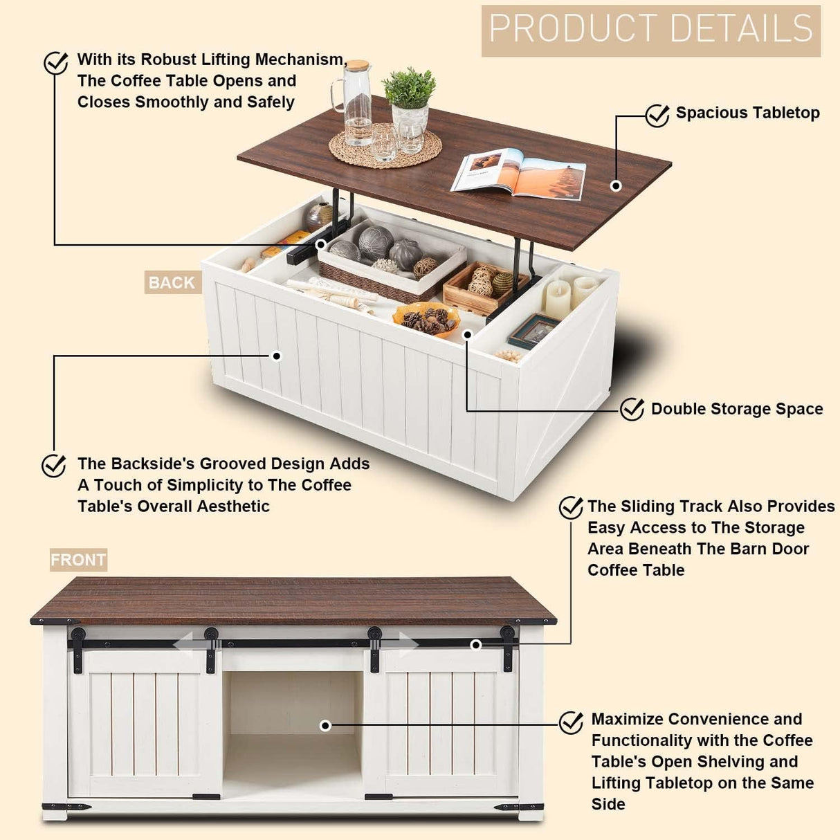 IFGET Lift Top Coffee Table with Double Storage Spaces, Farmhouse Rustic Wood Center Table with Sliding Groove Barn Door, Coffee Table Converts to Dining Table for Living Room Office (White) IFGET