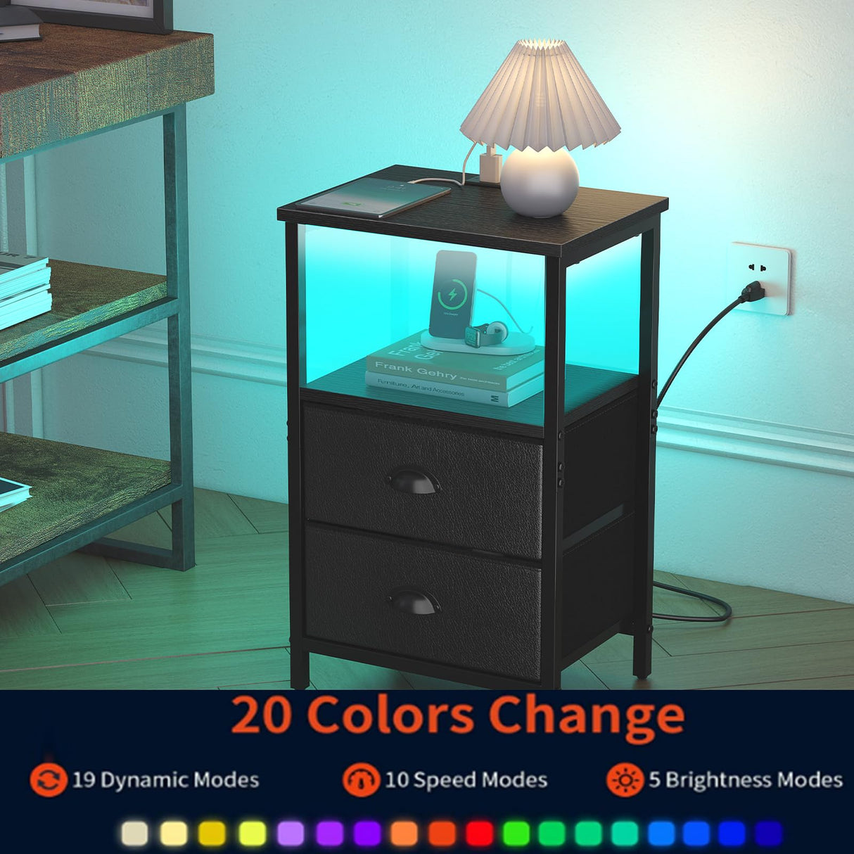 sthmec Nightstand with Charging Station, Night Stand with 2 Fabric Drawers PU Finish, Bedside Table End Table with LED Light, 3-Tier Storage Side Table Nightstand with Drawers for Bedroom,Black sthmec