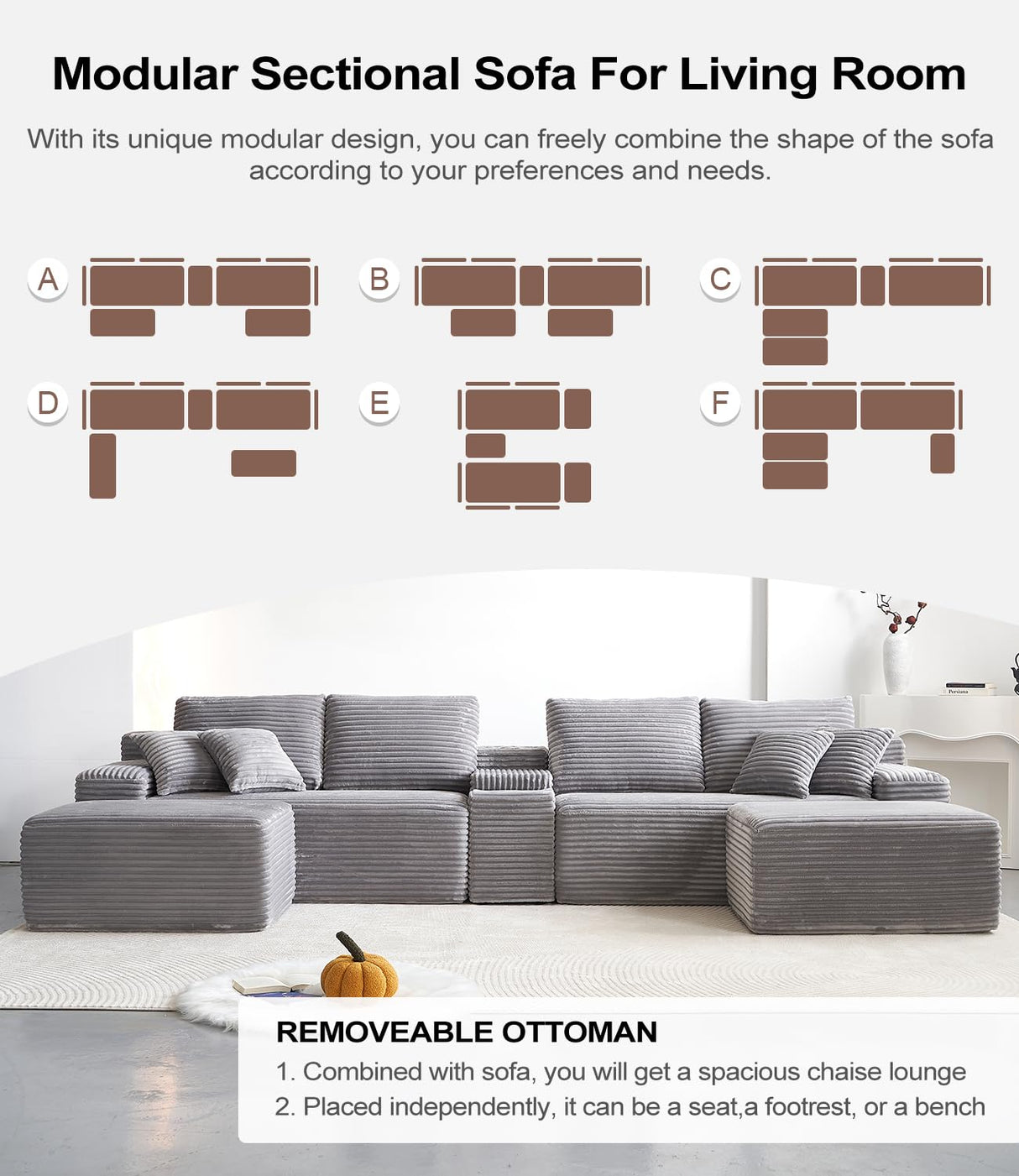 GUANGHONG 150 Inch U-Shaped Sectional Couch with Multi Functional Console, Oversized Modular Corduroy Sofa with 2 Ottomans, 5-Seater Modern Deep Seat Boneless Cloud Couch for Living Room, Light Gray GUANGHONG