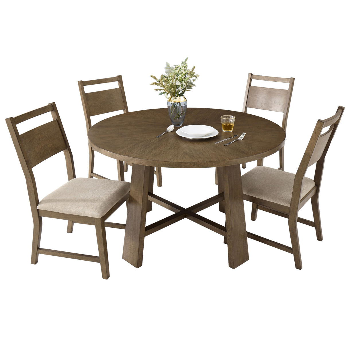 Jocisland Round Solid Wood Dining Table Set for 4, 5-Piece Mid-Century Kitchen & Dining Room Furniture with Padded Chairs, Space-Saving Design, Radial Grain Finish, Easy Assembly Jocisland