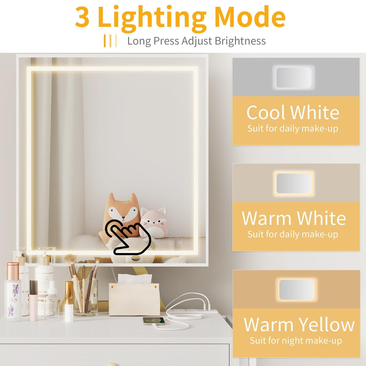 KAI-ROAD Small Makeup Vanity Desk with Lights - White Girls Vanity Set with Mirror and Chair, Make Up Dresser Table with Drawers and Power Outlet for Bedroom Small Space, Gold KAI-ROAD