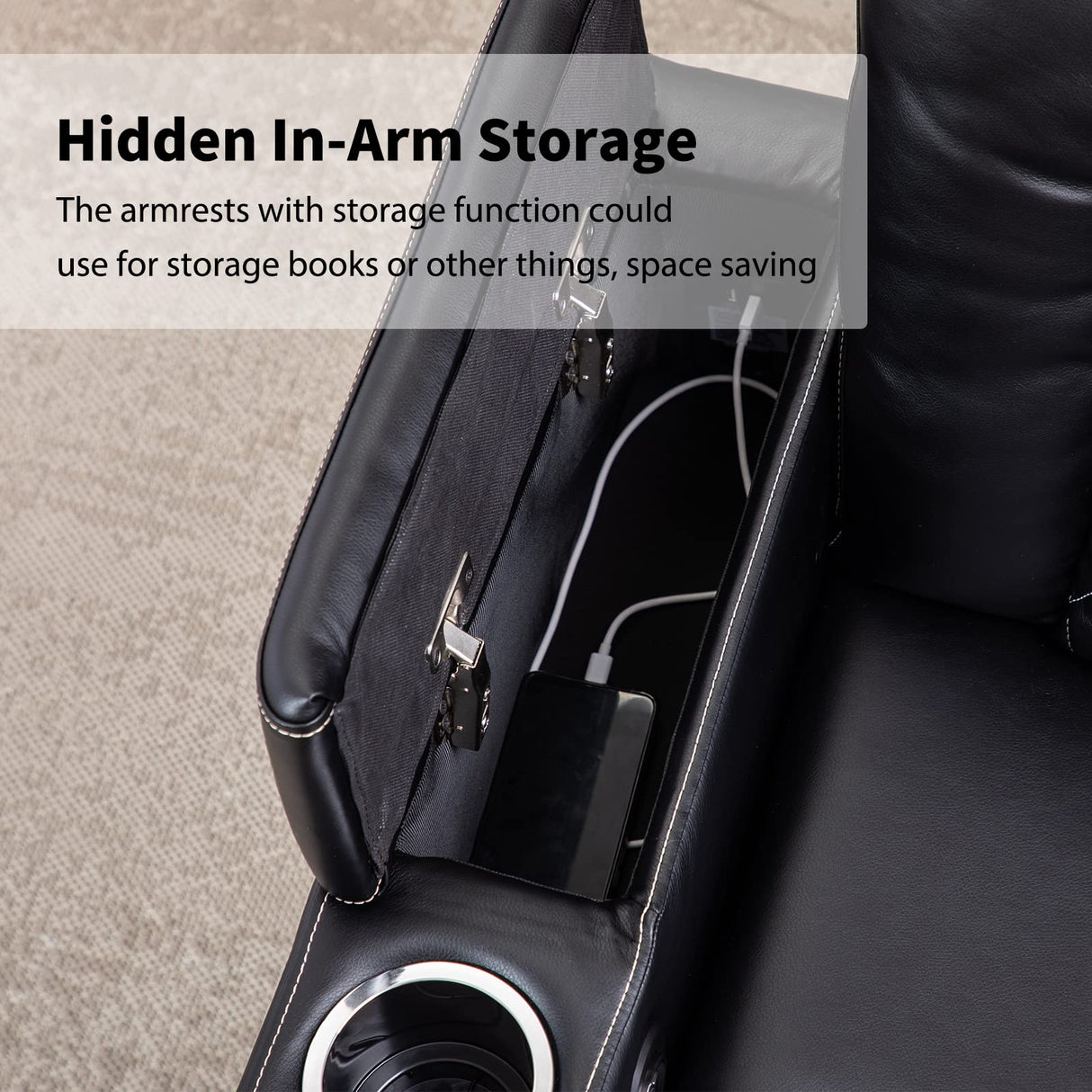 ANJ Electric Power Recliner Chair Soft Leather Reclining with USB Ports and Cup Holders, Black Home Theater Seating with Hidden Arm Storage Movie & Media Room Chairs ANJ