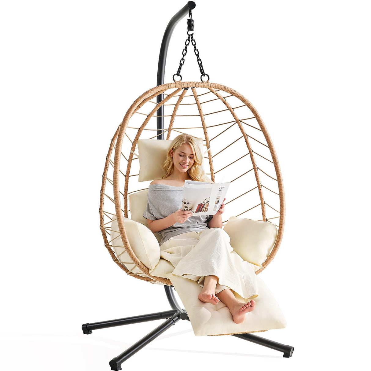 ONBRILL Hanging Egg Chair with Adjustable Footrest & Stand, Wicker Rattan Swing Hammock Chair with Cushion & Double Chains, 350LBS Capacity for Outdoor & Indoor Patio, Deck, Bedroom, Balcony (YE-BE) ONBRILL