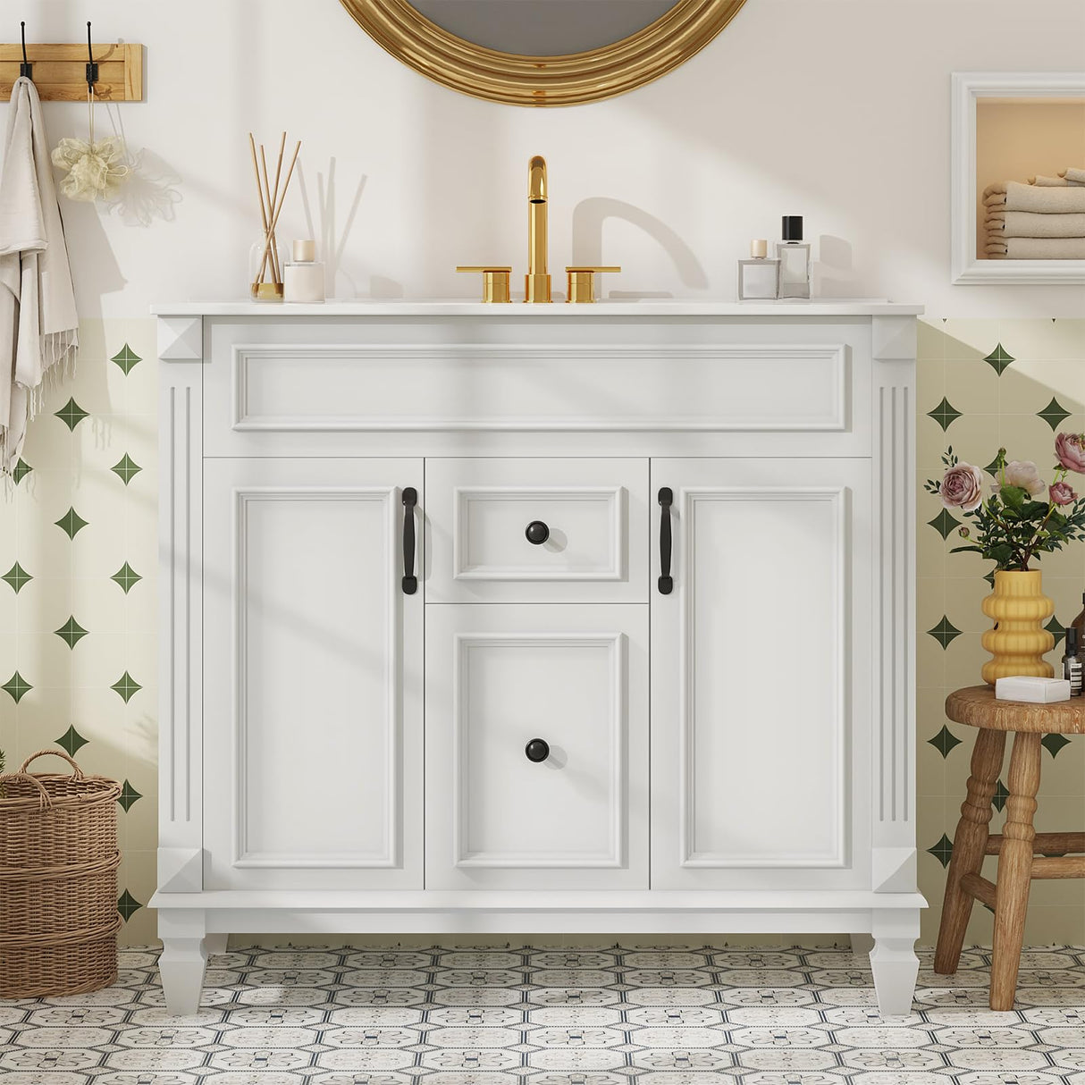 Sweetcrispy 36" Bathroom Vanity with Sink, Bathroom Storage Vanity Sink with 2 Doors& 2 Drawers, Farmhouse Wooden Free Standing Bathroom Cabinet with Sink, Easy Assembly, NO Mirror Faucet (White) Sweetcrispy
