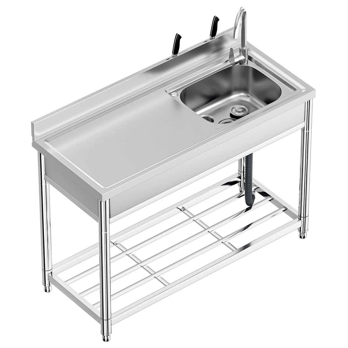 Free Standing Stainless-Steel Single Bowl, Commercial Restaurant Kitchen Sink Set w/Faucet & Drainboard, Prep & Utility Washing Hand Basin w/Workbench & Storage Shelves Indoor Outdoor (47in) KINGBO