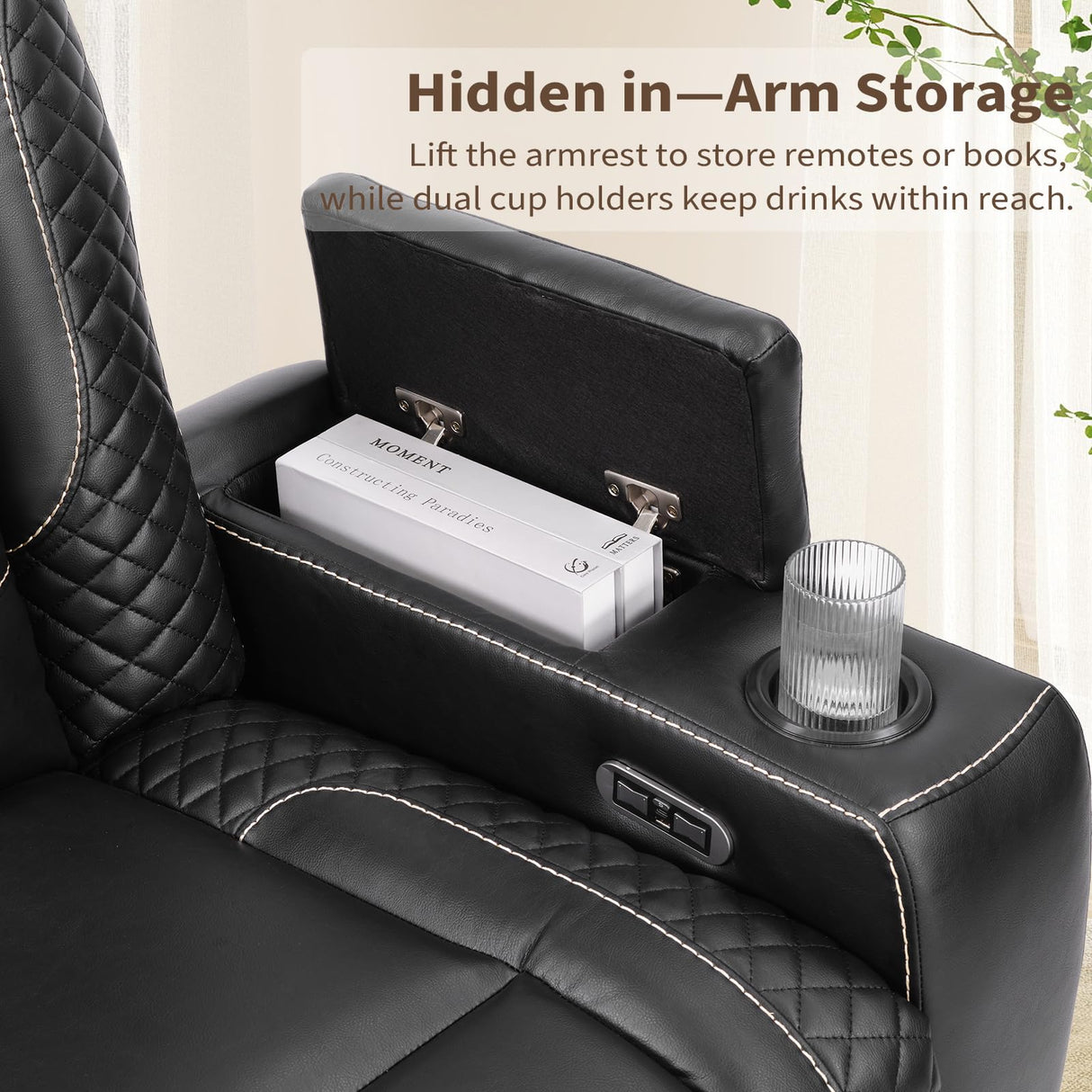 ANJ Modular Power Recliner Set: 5-Seat Home Theater Seating with 2 Loveseats (Center Console & Fixed Middle), LED Lights, USB Charging, Faux Leather for Living Room (Black) ANJ