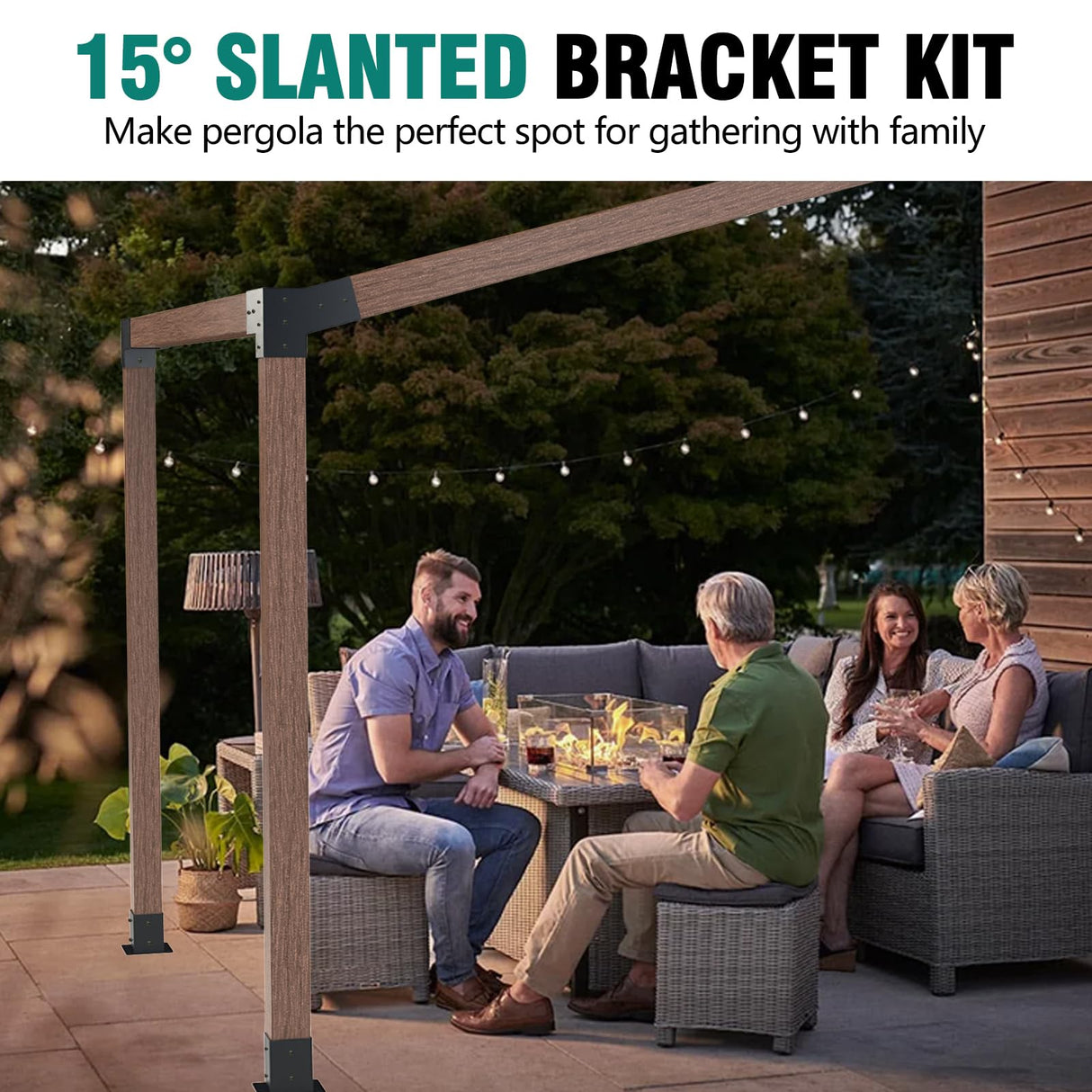 Kinchoix Pergola Brackets, 2 Pack Woodworks Pergola Kit 15° 3-Way Right Angle Corner Bracket with Pergola Post Base for 4x4'' (Actual: 3.5x3.5'') Wood Beams Elevated Wood Stand Kit 6 Pc Kinchoix