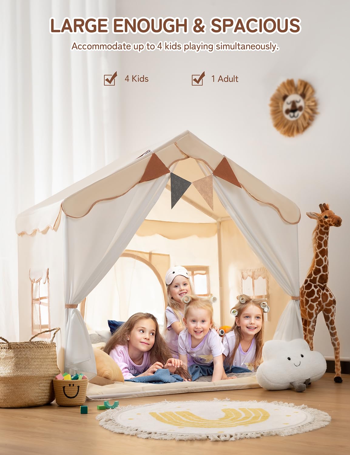 besrey Kids Tent, Kids Playhouse 2 in 1 with Padded Mat and String Lights, Large Play House with 2 Doors & 4 Windows, Kids Play Tent Indoor & Outdoor, Toddler Tent for Kids, 51" x35" x 51" besrey