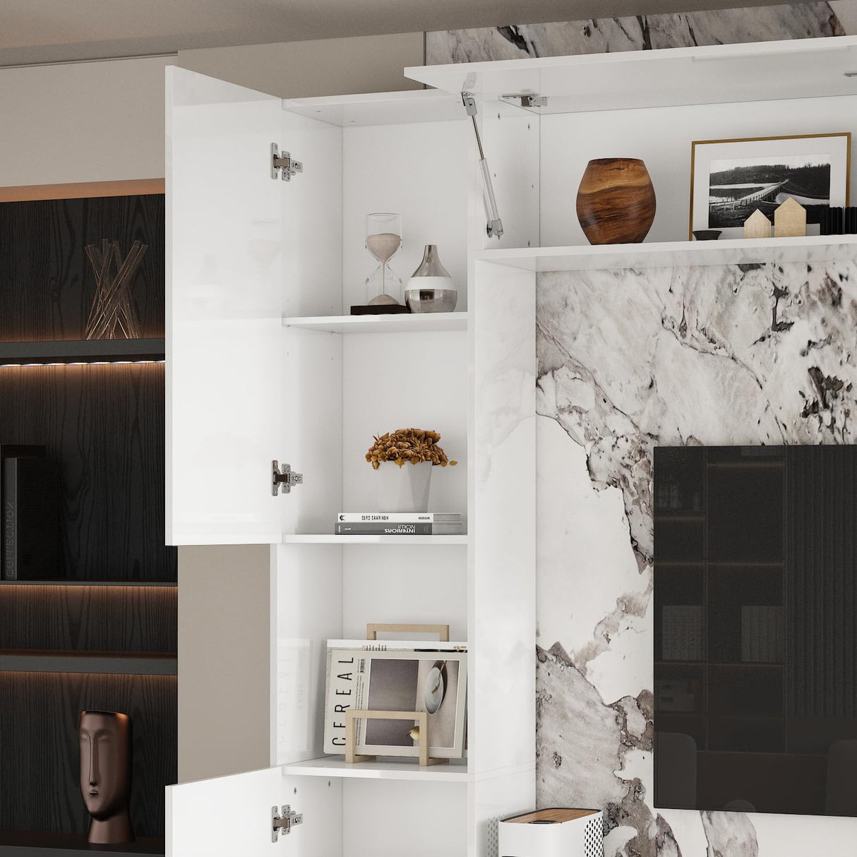 AIEGLE High Gloss Entertainment Center with Storage Bridge, Modern Media Console Table Wall Unit with Cable Management for 70 75 inch TV, TV Stand Set, White, 94.5”W AIEGLE