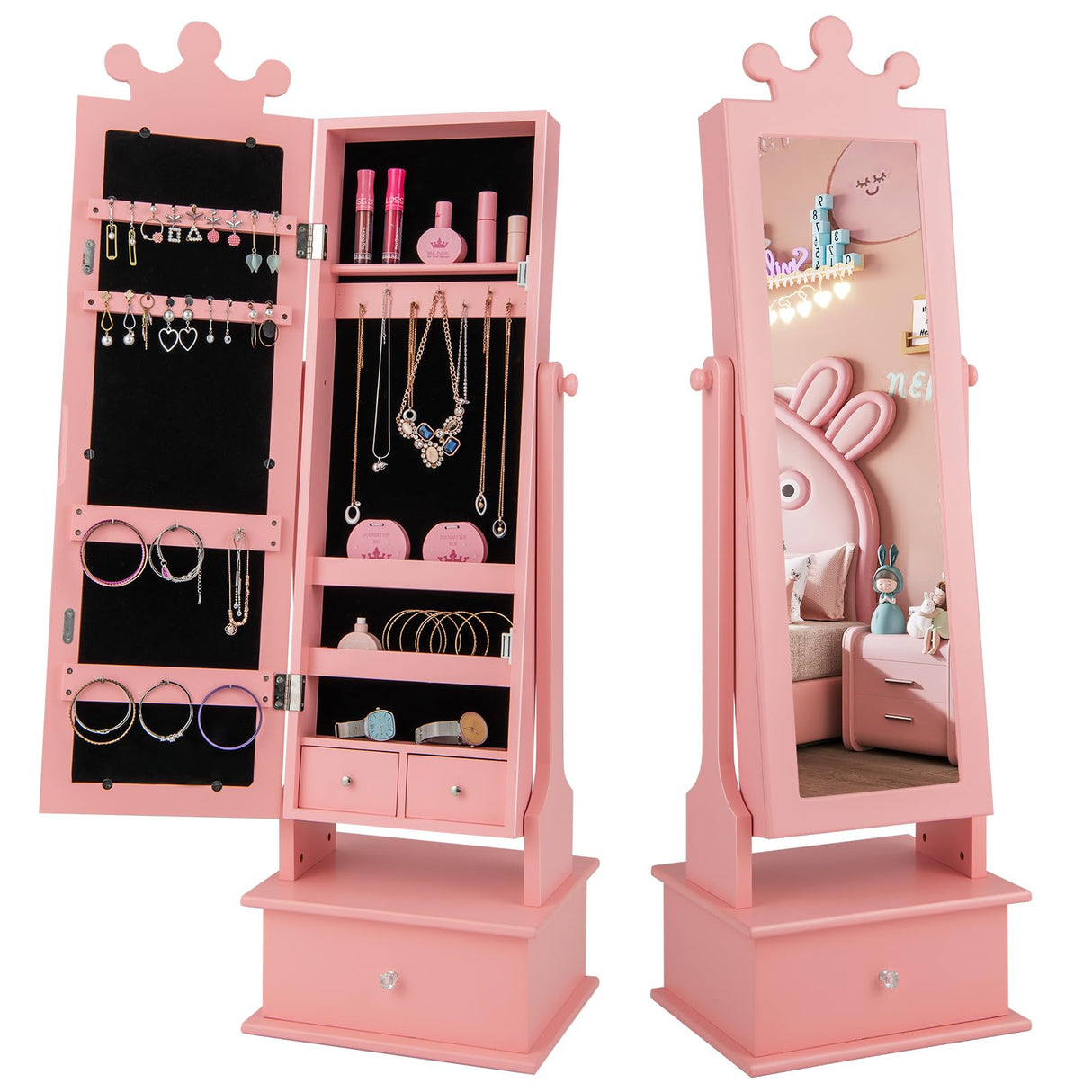 HONEY JOY Kids Jewelry Armoire Cabinet, 2-Angle Tilting Wooden Standing Jewelry Organizer with Full-length Mirror and Storage Drawers, Children Dress Up Jewelry Cabinet for Little Girls (Pink) HONEY JOY