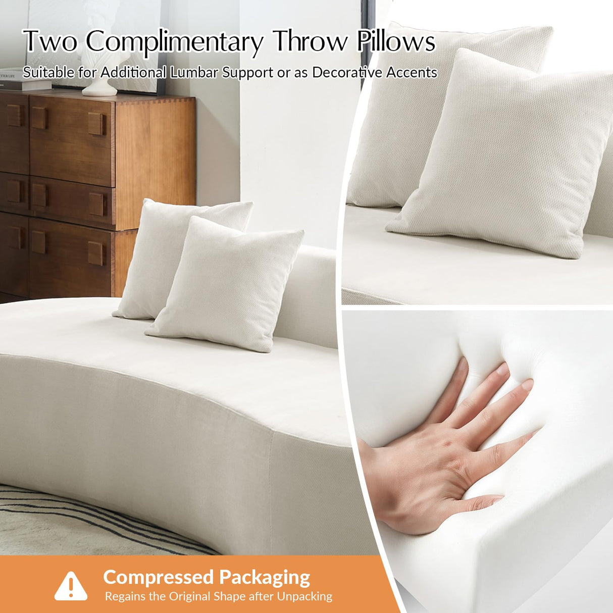 HULALA HOME 94.5" Curved Boneless Couch with Two Pillows, Oversized 3 Seater Compressed Foam Sofa with Deep Seat, Modern Cloud Couch for Living Room, No Assembly Required, Ivory HULALA HOME