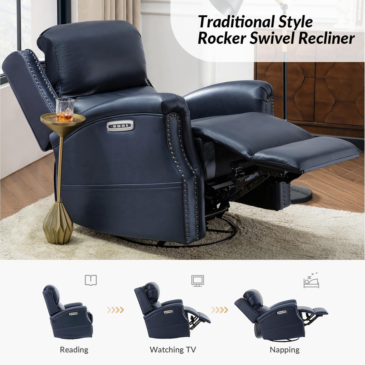 HULALA HOME Genuine Leather Recliner with One-Button Reset, Power Recliner with Electric Lumbar Support and Headrest, Traditional Swivel Rocker Recliner with USB Port and Storage Pocket, Navy HULALA HOME