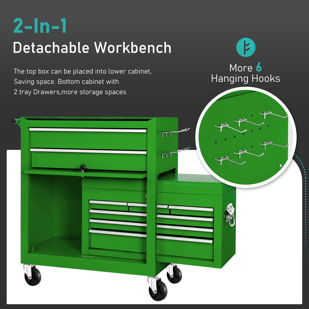 Greenvelly Metal Tool Chest,8-Drawer Rolling Tool Chest on Wheels,2 in 1 Detachable Tool Cabinets,Liners and Locking System for Warehouse, Garage,Workshop, Barbershop(Green) Greenvelly