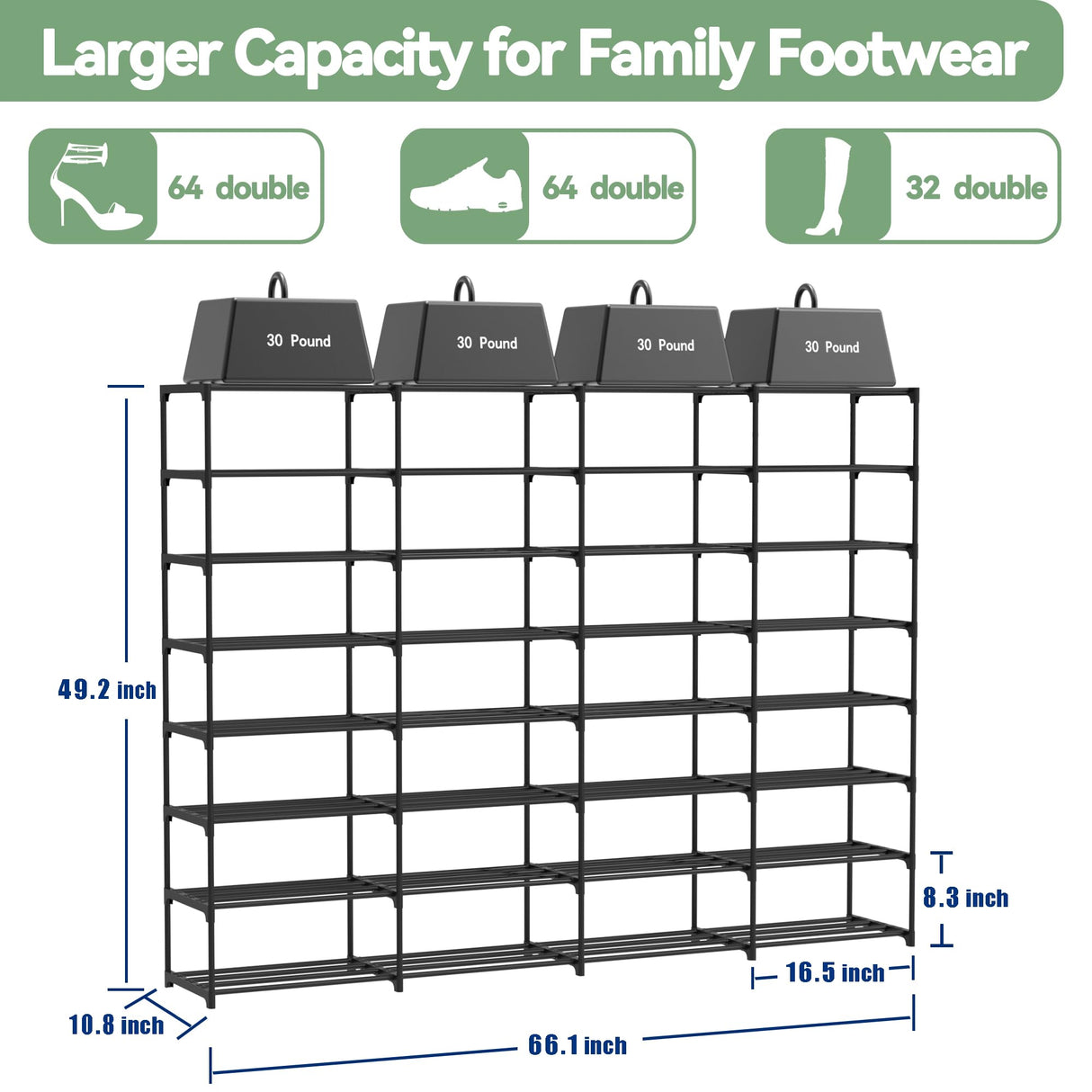 DYJIEKAI Large Shoe Rack Organizer, 4-Row 8-Tier Tall Shoe Storage Shelf for Closet, Entryway, Garage, Metal Free Standing Shoe Holder for 56-64 Pairs Shoes, Sturdy Stackable Shoe Stand for Bedroom DYJIEKAI