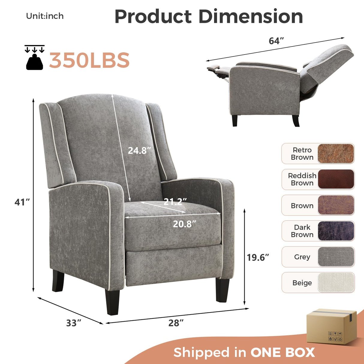 ANJ Push Back Recliner Chair, Soft Fabric Lounge Armchair,Wingback Recliner Single Sofa Chair with Steel-Reinforced Frame,Adjustable Pushback Chair for Living Room, Grey ANJ