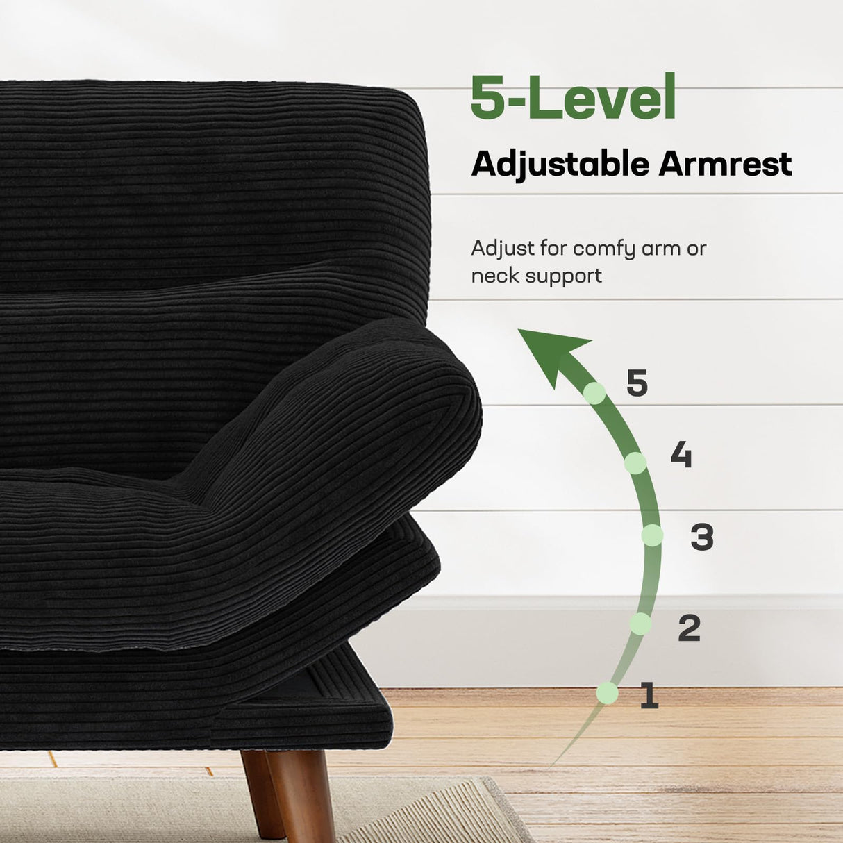 Marsail Futon Sofa Bed, Futon Couch with Adjustable Backrest & Armrests, Convertible Small Sleeper Sofa Bed for Small Apartments, Study Room, Office, Corduroy Loveseat, Black Marsail