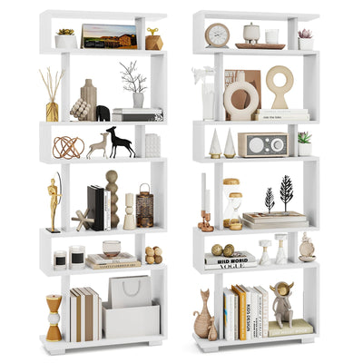 Tangkula 6-Tier S Shaped Bookcase, 64" Tall Modern Geometric Bookshelf with Anti-Tipping Kit, Home Office Freestanding Decorative Storage Display Shelf Room Divider for Living Room Study (2, White)