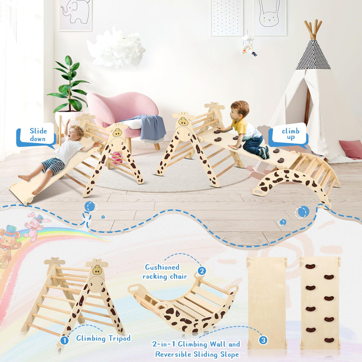 Pikler Triangle Set Natural Pikler Climbing Set, Montessori Foldable Climber with Tripods, Ramps, Arches, Climbing Jungle Gym and Indoor Playground Climbing Toys for Toddlers 1-3 Inside Dollate