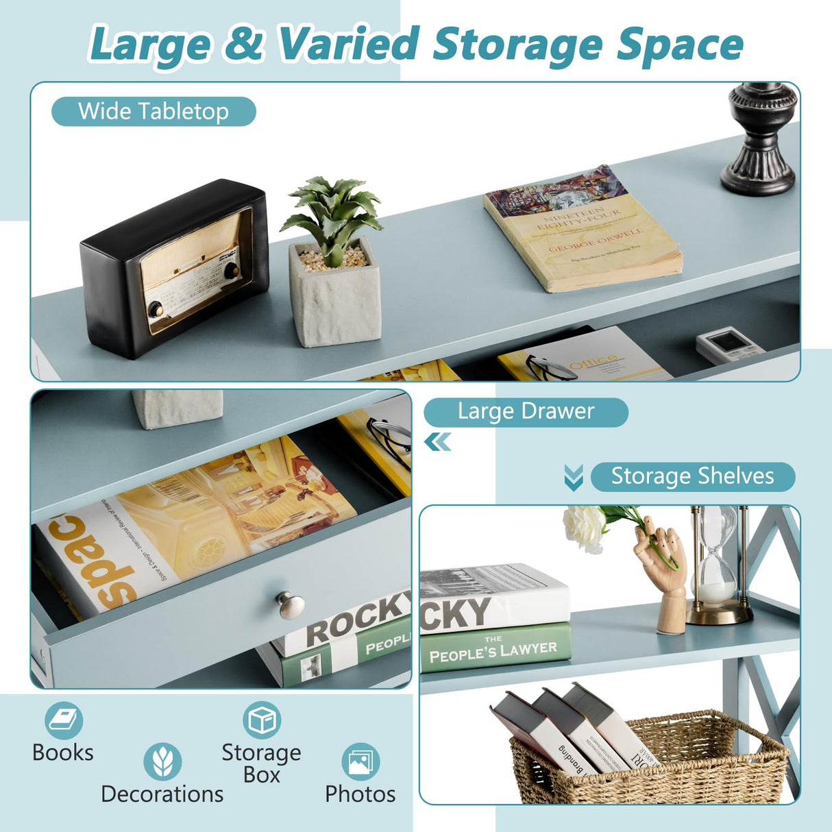 GOFLAME 3-Tier Sofa Tables, Long Narrow Console Table with Large Drawer & 2 Open Storage Shelves, Wooden Entry Table, Modern Entryway Table with Storage for Living Room, Entryway, Hallway (Green) GOFLAME