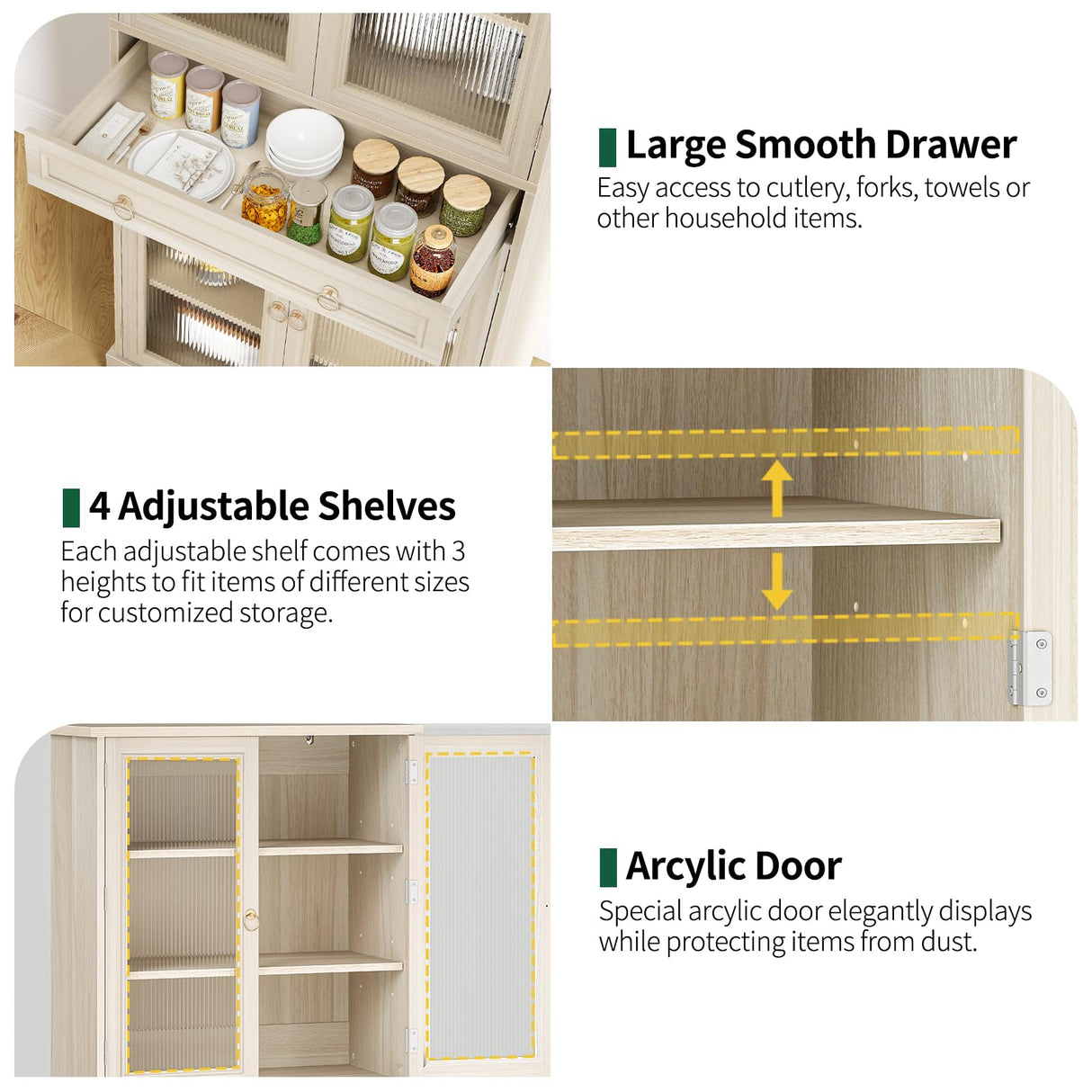 Curlaky Kitchen Pantry Cabinet with Arcylic Doors and Adjustable Shelves - 72" Tall Storage Cabinet Freestanding Cupboard with Drawer, Food Pantry Cabinet, Wood Storage Cabinets for Dining Room, White Curlaky