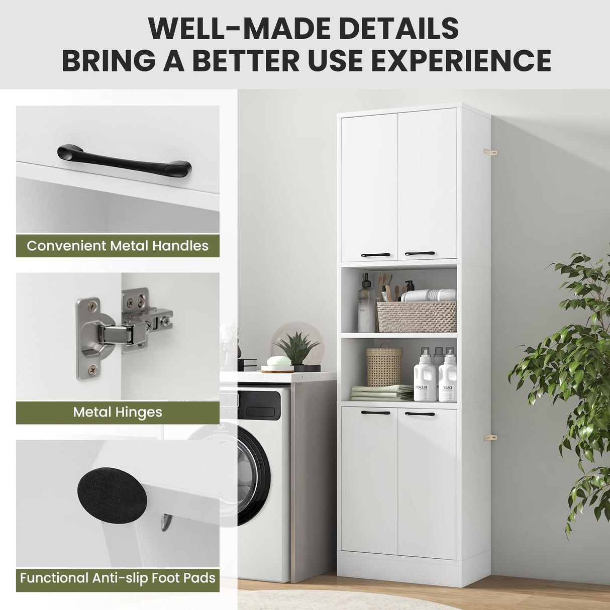 Tangkula 75" Tall White Bathroom Storage Cabinet with 4 Doors & 2 Open Shelves Tangkula