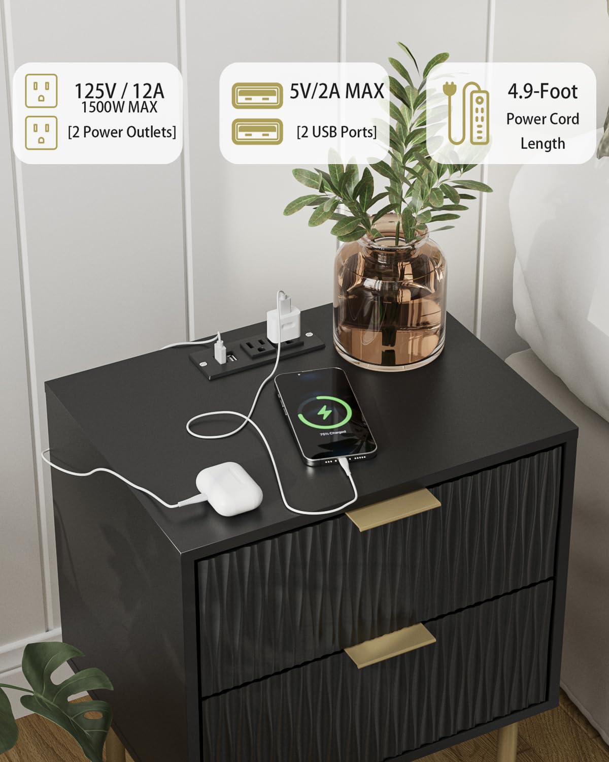 Aienvey Night Stand Charging Station, Modern Bedside Table with Storage 2 Drawer and Open Wood Shelf, Night Stand, End Table for Bedroom, Living Room, Black Aienvey