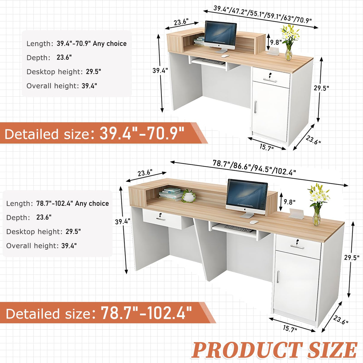 LSZMXI Modern Reception Desk with Drawer & Open Shelves, 39-95 Inch Front Counter Table, Computer Workstation Suitable for Salons, Offices, Lobbies, Retail Stores and Home Offices LSZMXI
