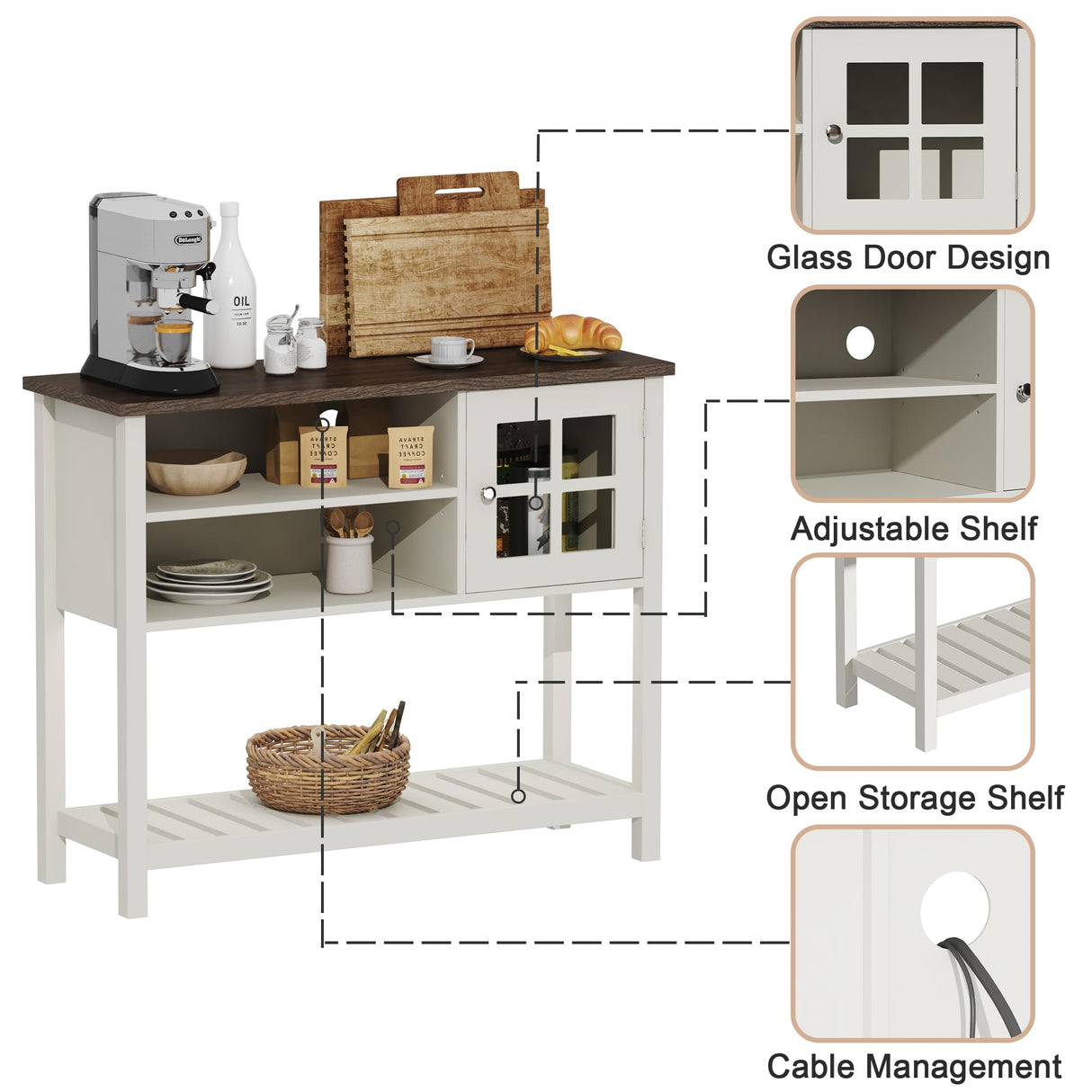 ChooChoo Farmhouse Coffee Bar Cabinet, Buffet Cabinet with Storage, Sideboard Buffet Cabinet with Glass Door, Console Table for Kitchen, Hallway, Entrance, White ChooChoo