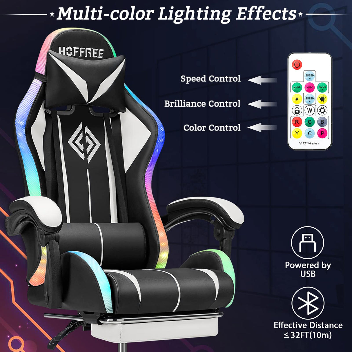 Gaming Chair with Speakers and Lights Ergonomic Computer Gaming Chair with Footrest LED RGB Lights Massage High Back Music Video Game Chair with Lumbar Support White and Black VANSPACE