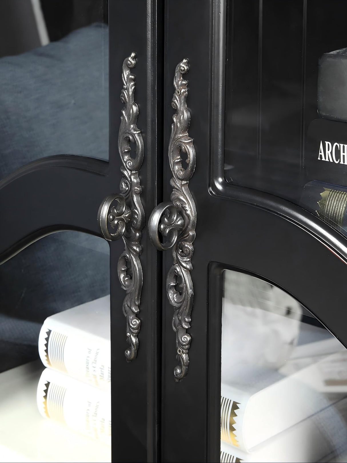 Farmhouse Arched Display Cabinet Bookcase Bookshelf with Glass Doors and Adjustable Shelves, 72" Tall 6 Tiers French Country-Inspired Wooden Curio Cabinet for Living Room, Office (Distressed Black) ZESTO PASSION FOR LIVE