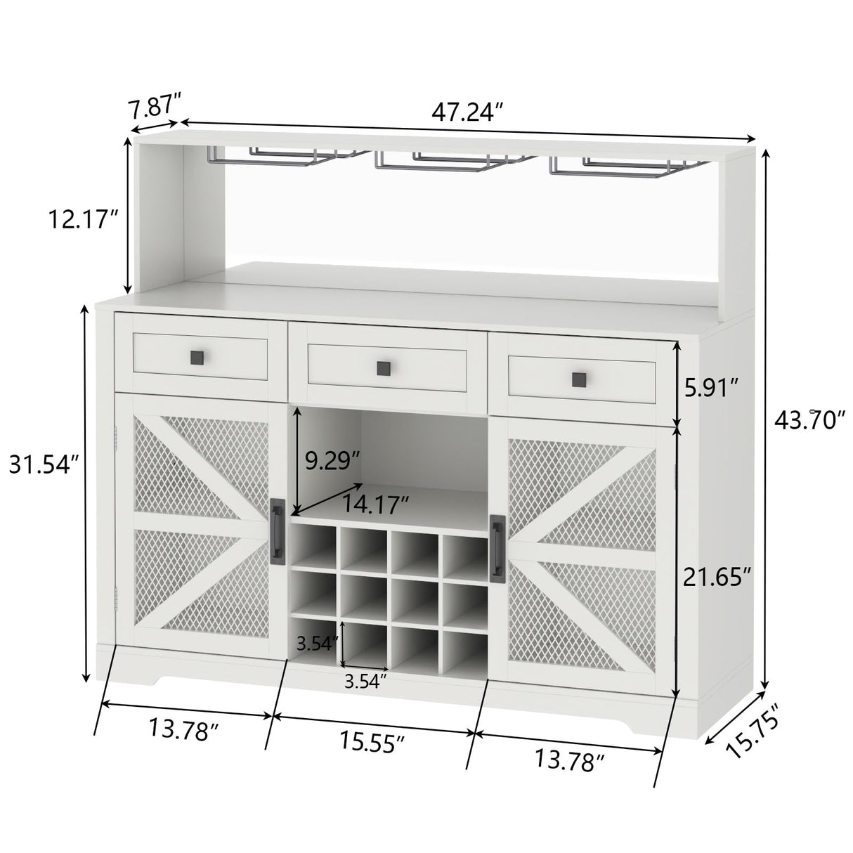 Gyfimoie Farmhouse Wine Bar Cabinet with LED Lights, Kitchen Coffee Bar Cabinet with Acrylic Mirror, Wine & Glass Rack, Storage Shelves and 3 Drawers (Signle Hutch) Gyfimoie