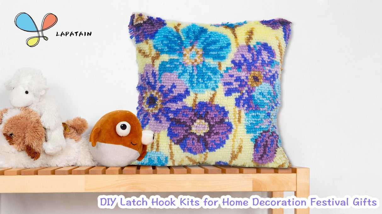 LAPATAIN Latch Hook Kits for DIY Throw Pillow Cover,Purple Flowers Pattern Needlework Cushion Cover Hand Craft Crochet for Great Family 17x17inch LAPATAIN