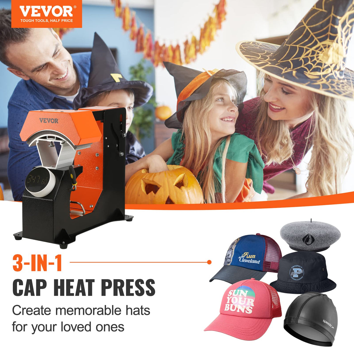 VEVOR 3-in-1 Auto Hat Heat Press with 3pcs Interchangeable Platens(6.6" x 2.7", 6.6" x 3.8", 6.1" x 3"), Automatic Release&Press Knob-Style Digital Control Panel, Heat Transfer Printing for Caps VEVOR