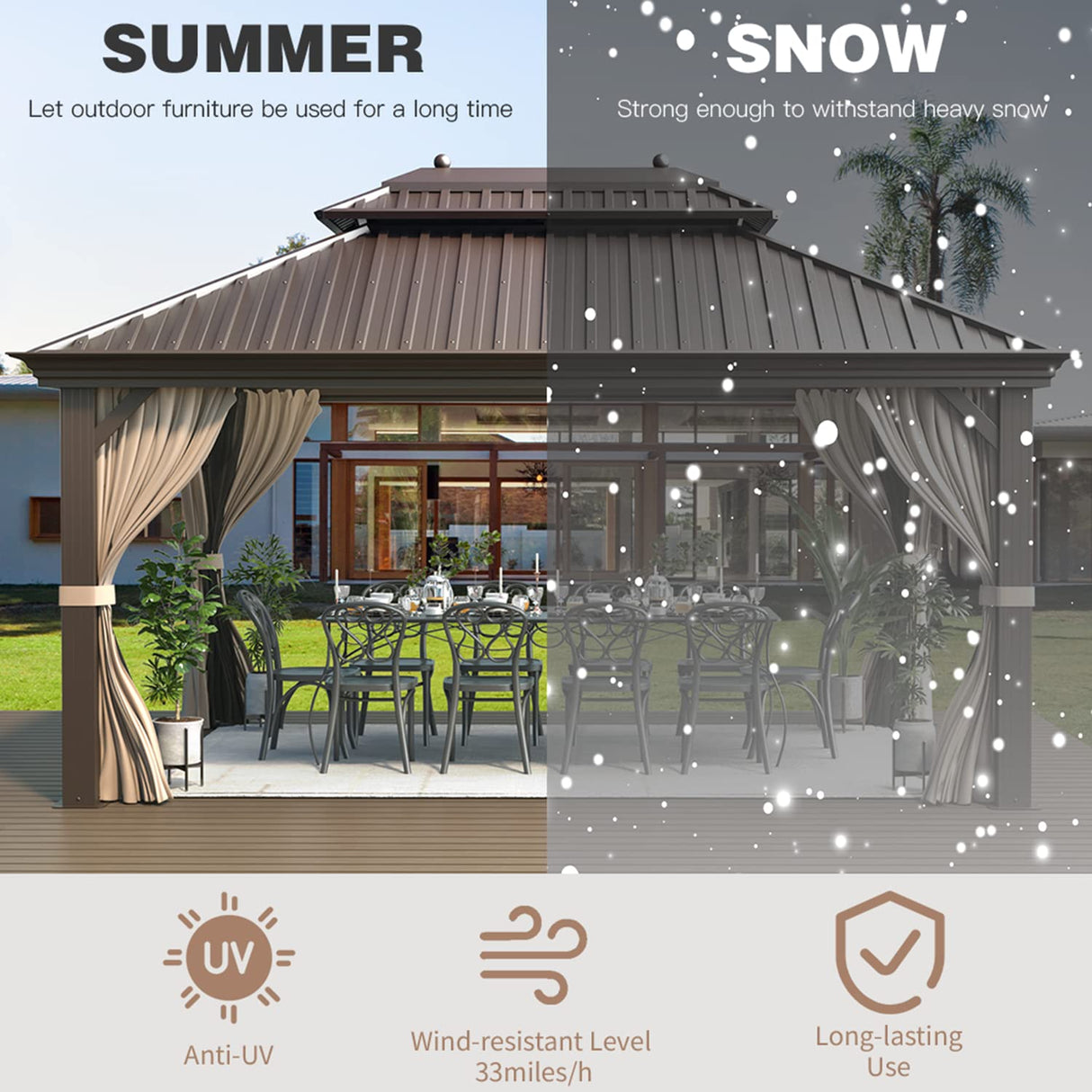 EROMMY 12'x16' Hardtop Gazebo Double Roof Galvanized Steel Canopy Outdoor Aluminum Frame Permanent Metal Pavilion with Netting and Curtains for Patio Backyard Deck and Lawns EROMMY