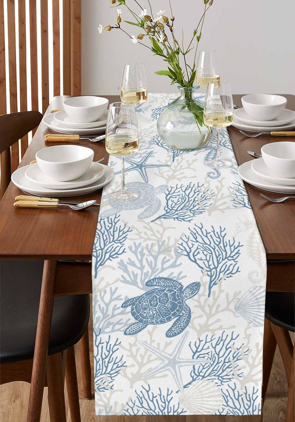 Blue Grey Coastal Table Runner 70 Inches Long, Summer Beach Nautical Farmhouse Dress Scarves, Sea Turtle Ocean Coral Dining Tablerunner for Coffee Table/Kitchen Island/Party Décor, 13" x 70" Seven Roses
