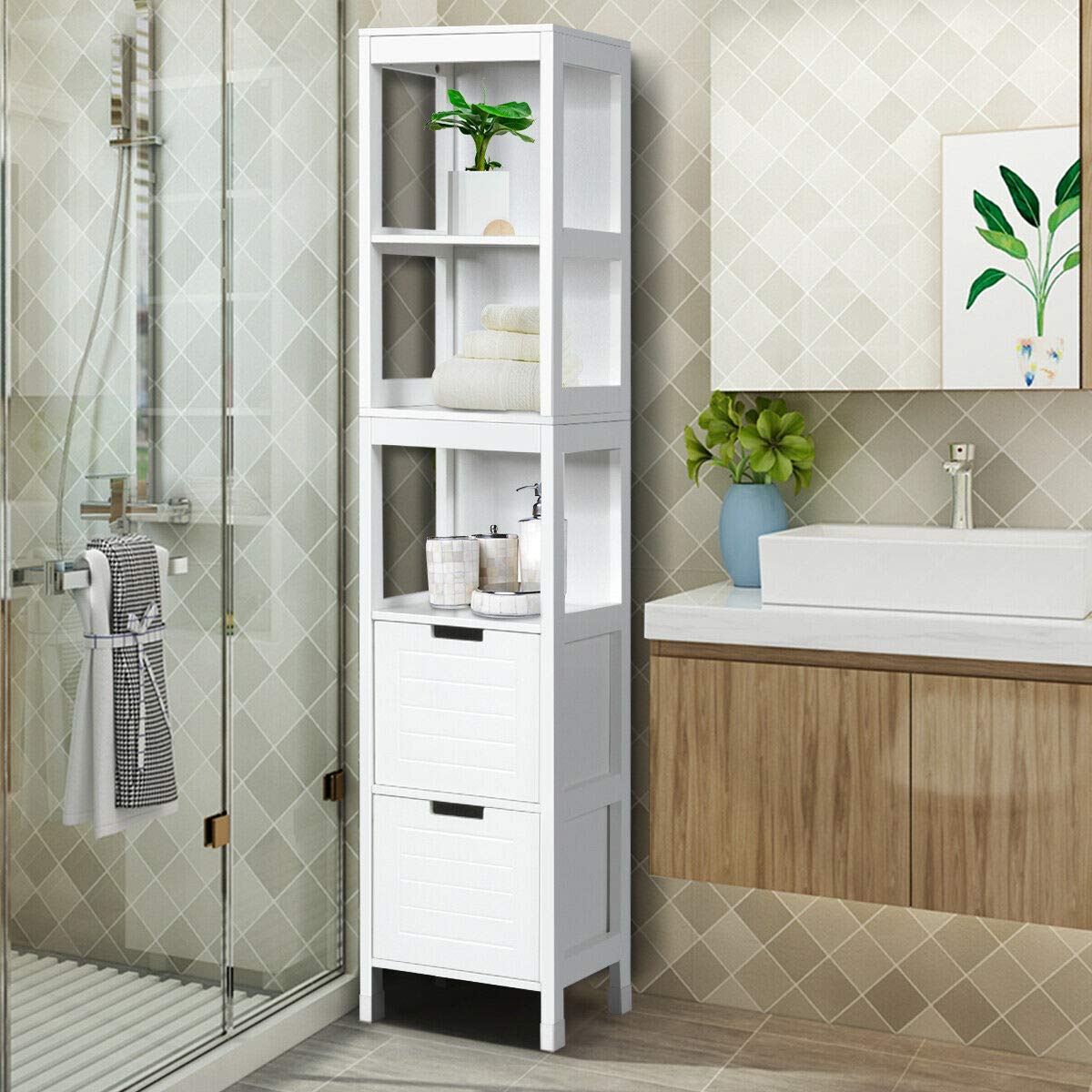 Tangkula White Multifunctional Tall Bathroom Storage Cabinet with 3 Shelves and 2 Drawers Tangkula