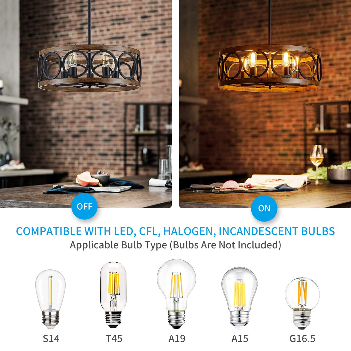 XINGQI Dining Room Chandelier 5-Light Black Modern Chandelier 21.7'' Farmhouse Drum Pendant Light Fixture for Living Room Kitchen Island Bedroom Office with Wood Grain Finish XINGQI