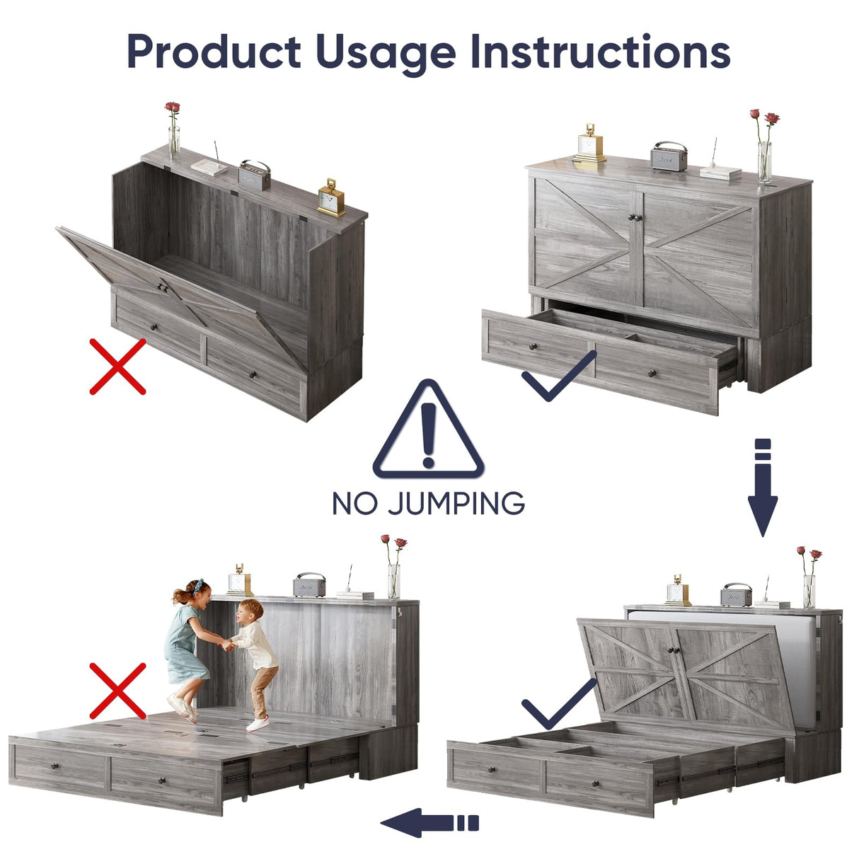 ijuicy Full Murphy Bed with Storage & Multifunctional Charging Station, Farmhouse Murphy Cabinet Bed with Foldable Panel, Space-Saving Beds for Guest Bedroom,Living Room(Mottled Grey, with Mattress) ijuicy