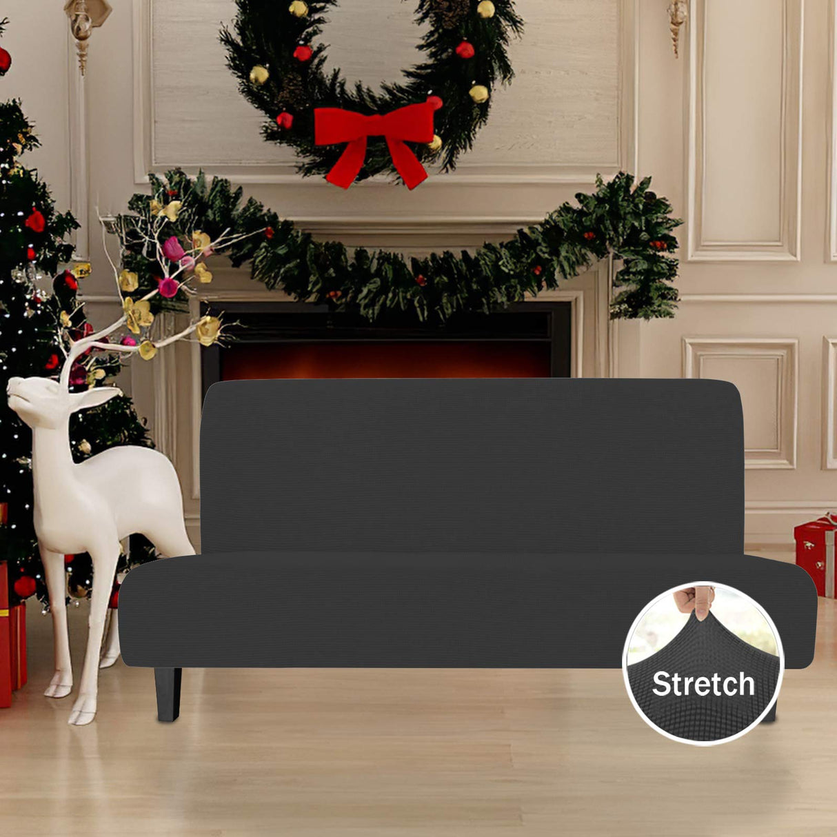 Easy-Going Stretch Futon Slipcover Armless Futon Bed Cover Furniture Protector Without Armrests with Elastic Bottom for Kids, Soft Jacquard Fabric Small Checks (Large, Dark Gray) Easy-Going