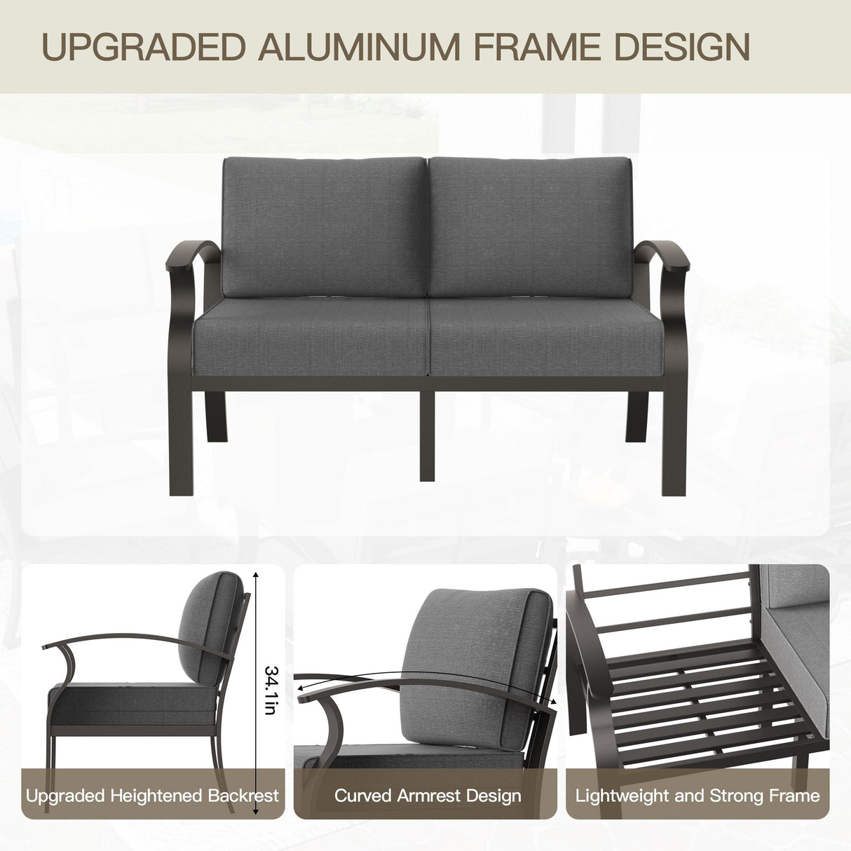 Trumbeak Aluminum Patio Furniture Set with 55,000 BTU Propane Fire Pit Table,6 Seats Metal Modern Outdoor Furniture w/5.1" Cushions,Patio Sectional w/Fire Pit for Patio,Backyard,Grey Trumbeak