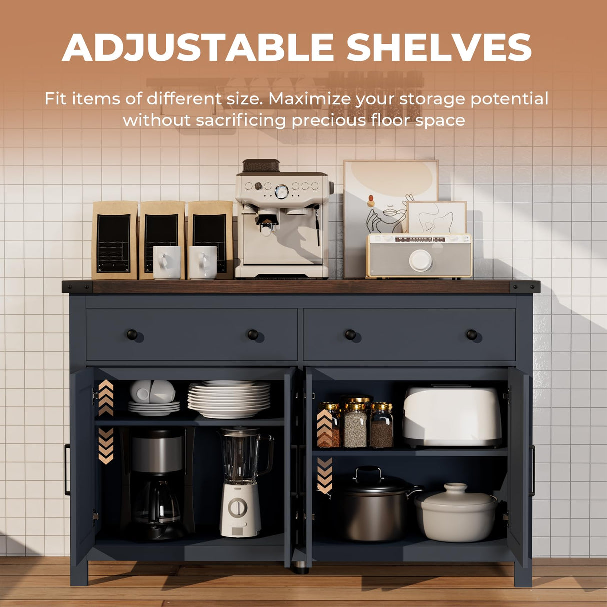 VVFLU Buffet Cabinet with Storage Farmhouse with 4 Doors and 2 Drawers, 55'' Large Kitchen Storage Cabinet Blue Wood Coffee Bar Buffet Sideboard for Kitchen, Dining Room, Living Room VVFLU