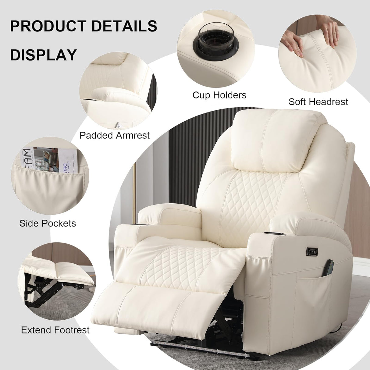 IBTKIG Power Recliner Chair with Heat and Massage, PU Leather Home Theater Seating w/LED Lights/Cup Holders/Side Pocket/USB Port, Lazy Boy Reclining Sofa Chair for Living Room (3, White) IBTKIG