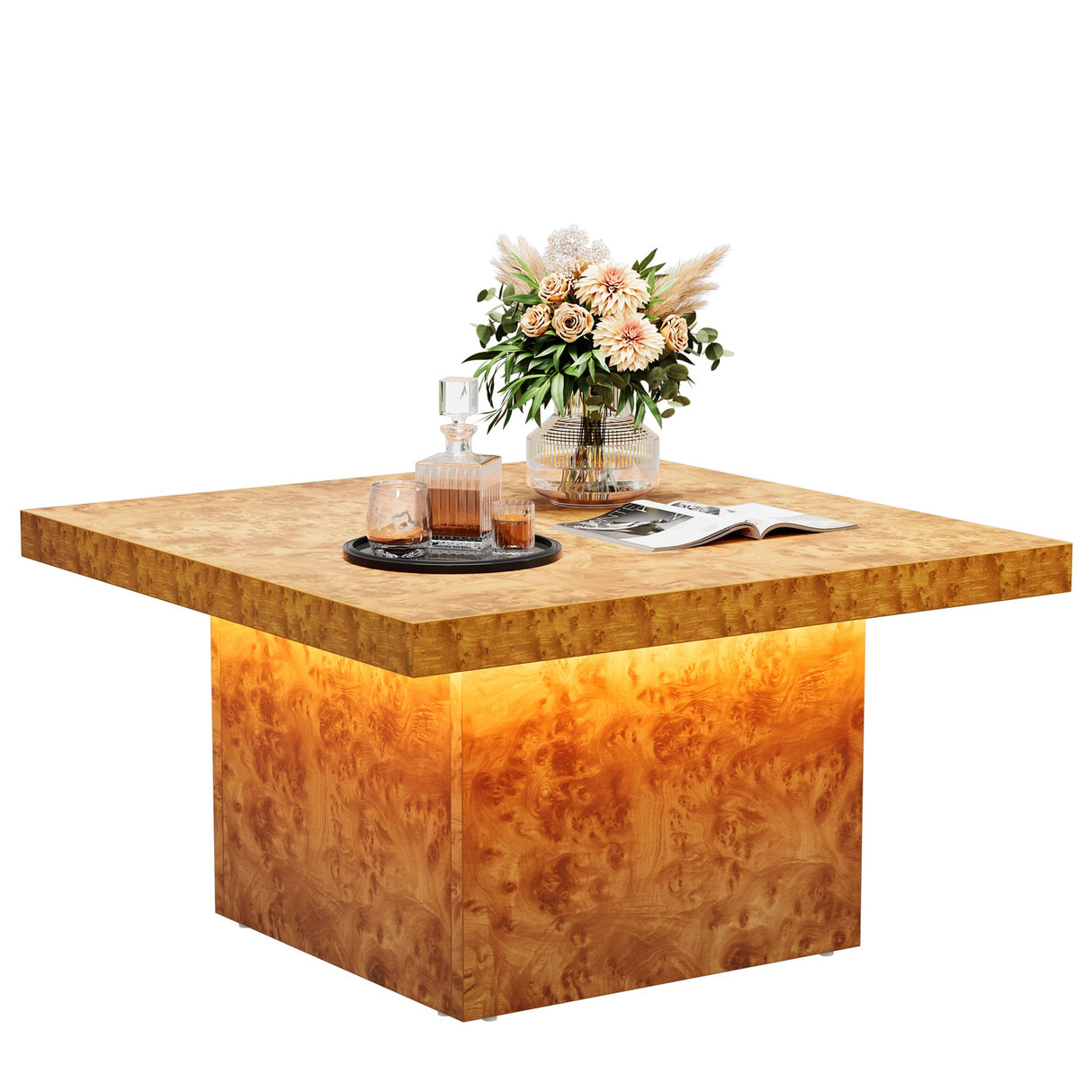 YITAHOME Coffee Table Square LED Coffee Table, Burl Wood Grain Tea Coffee Tables for Living Room/Apartment, Modern Wooden Center Table for Office Decor, Burl Wood YITAHOME